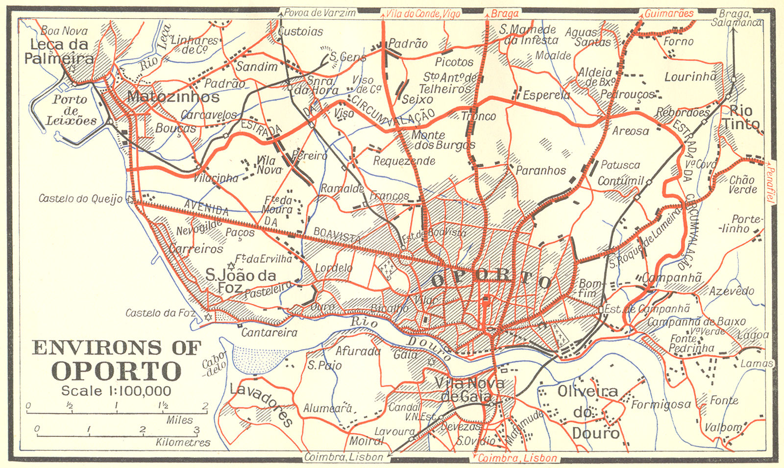 PORTUGAL. Environs of Oporto 1929 old vintage map plan chart