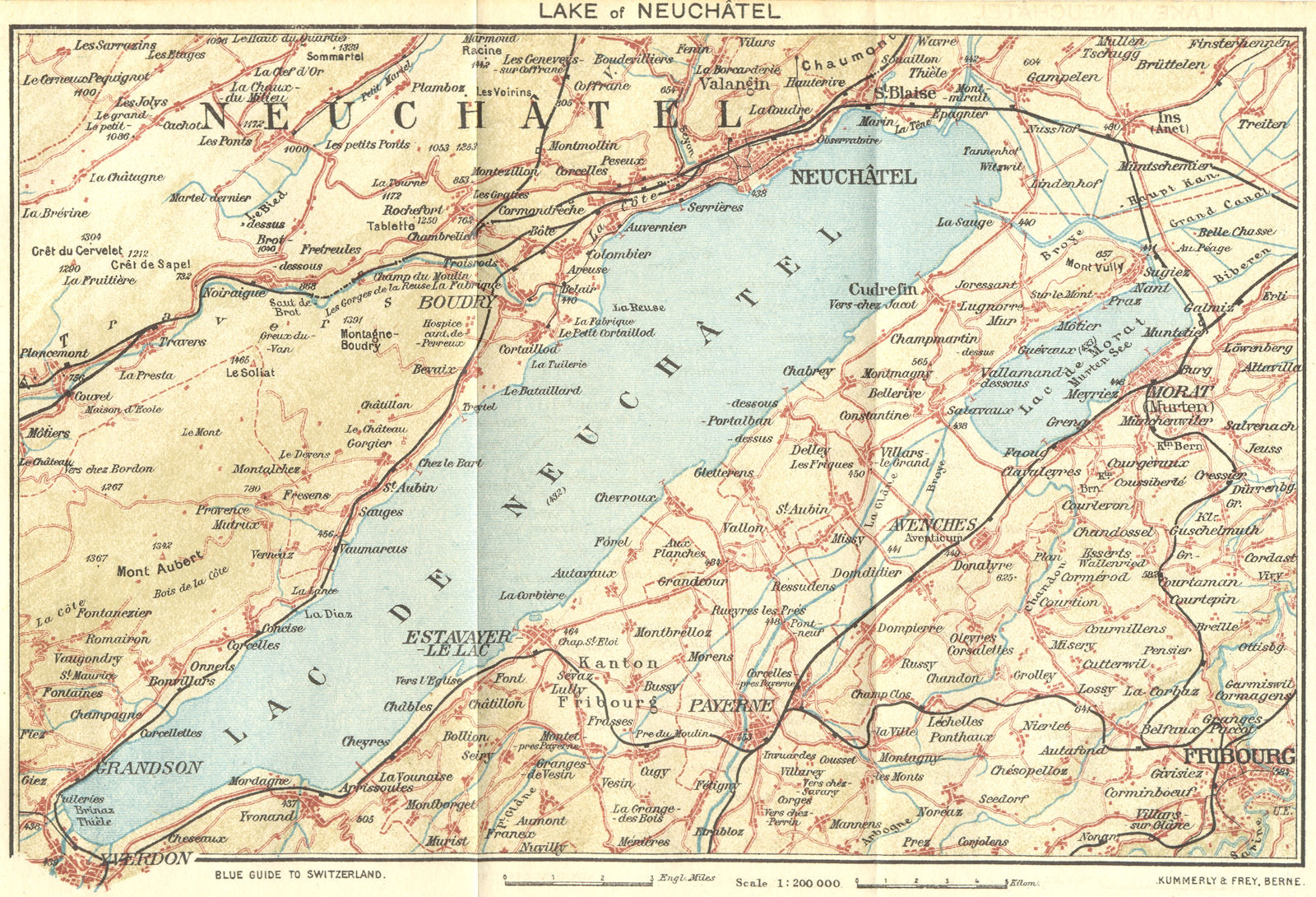 SWITZERLAND. Lake of Neuchatel 1923 old antique vintage map plan chart