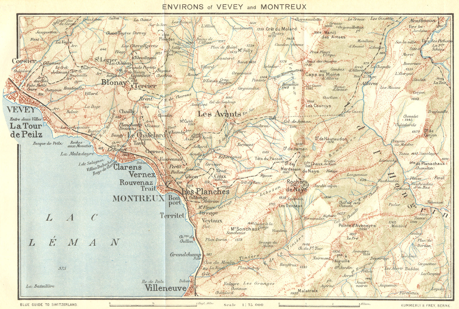 Associate Product SWITZERLAND. Area of Vevey & Montreux 1923 old antique vintage map plan chart