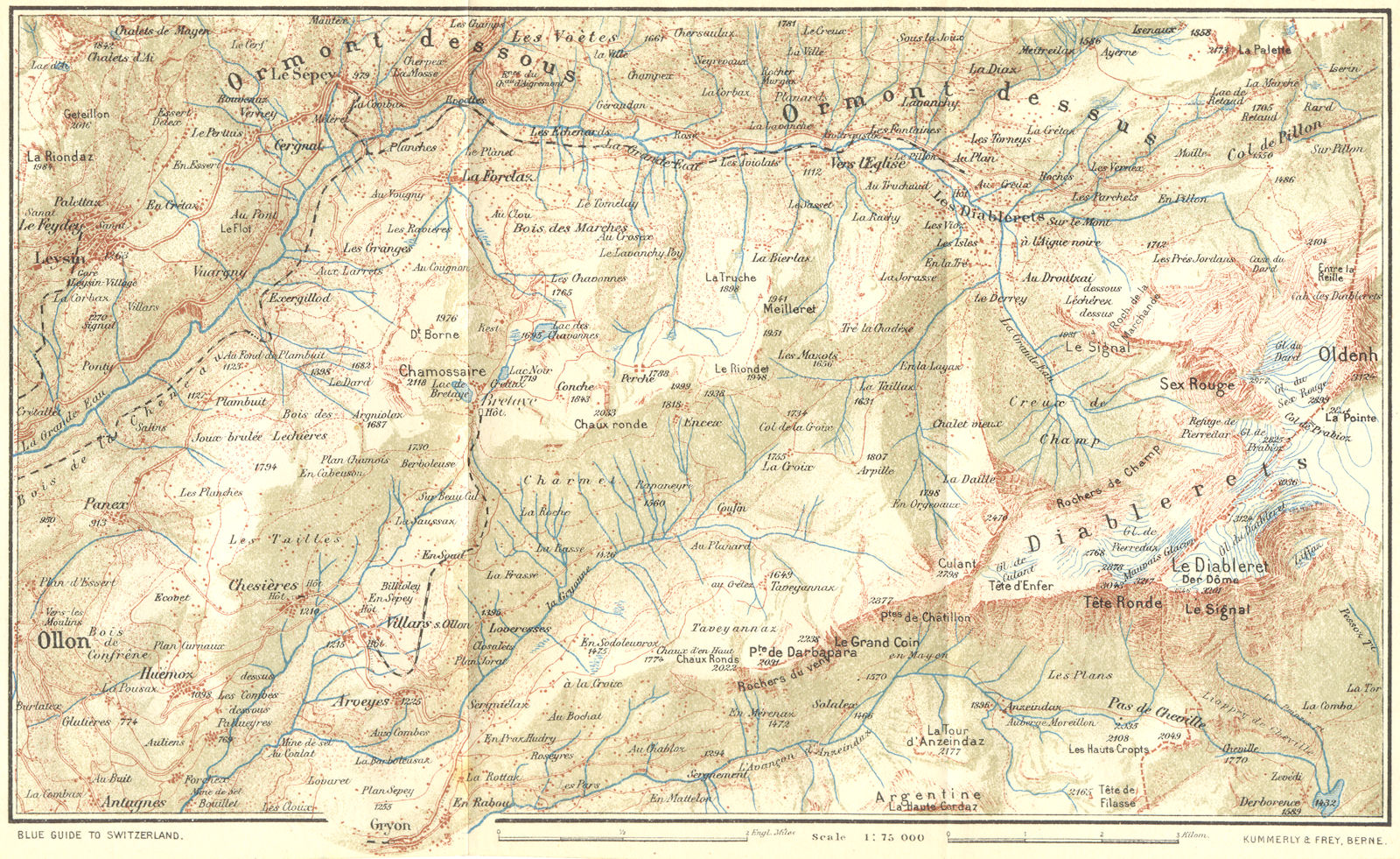 SWITZERLAND. Leysin-Diablerets 1923 old antique vintage map plan chart