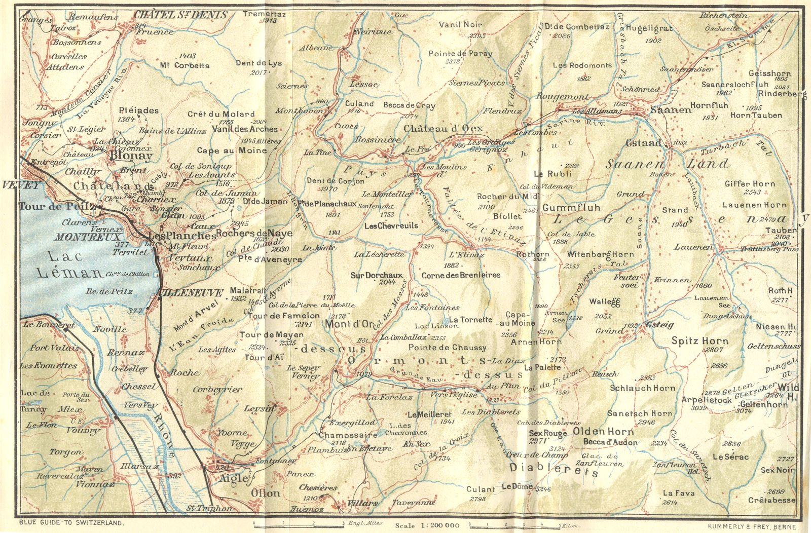 SWITZERLAND. Vevey-Aigle-Diablerets 1923 old antique vintage map plan chart