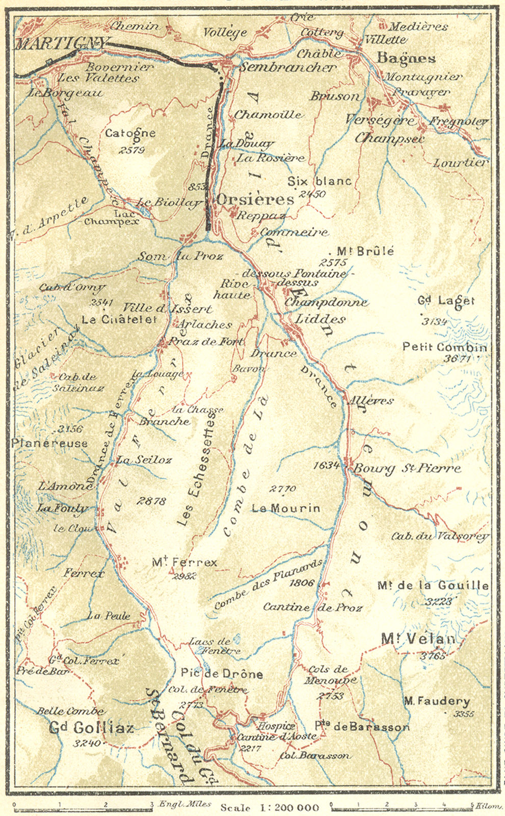 SWITZERLAND. Great St Bernard Martigny 1923 old antique vintage map plan chart
