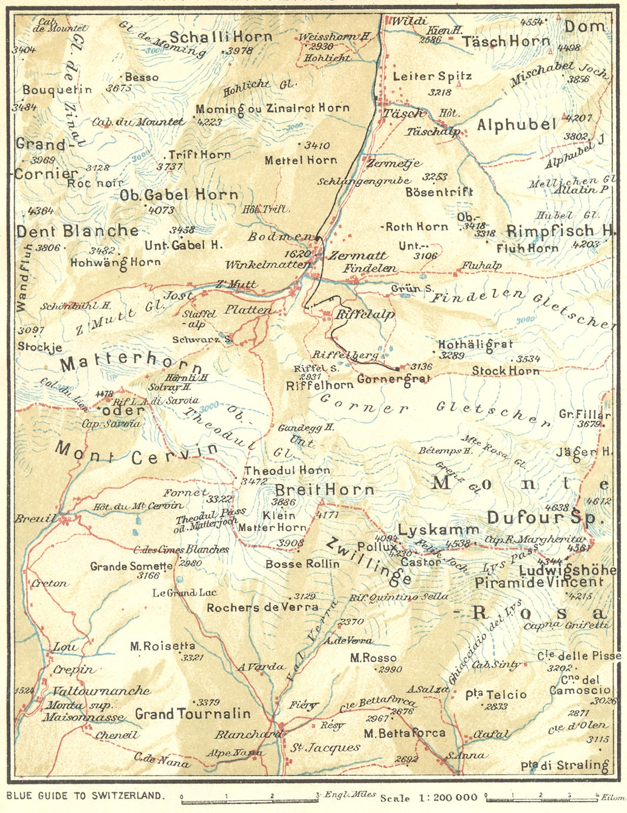 Associate Product SWITZERLAND. Zermatt-Matterhorn-Monte Rosa 1923 old antique map plan chart