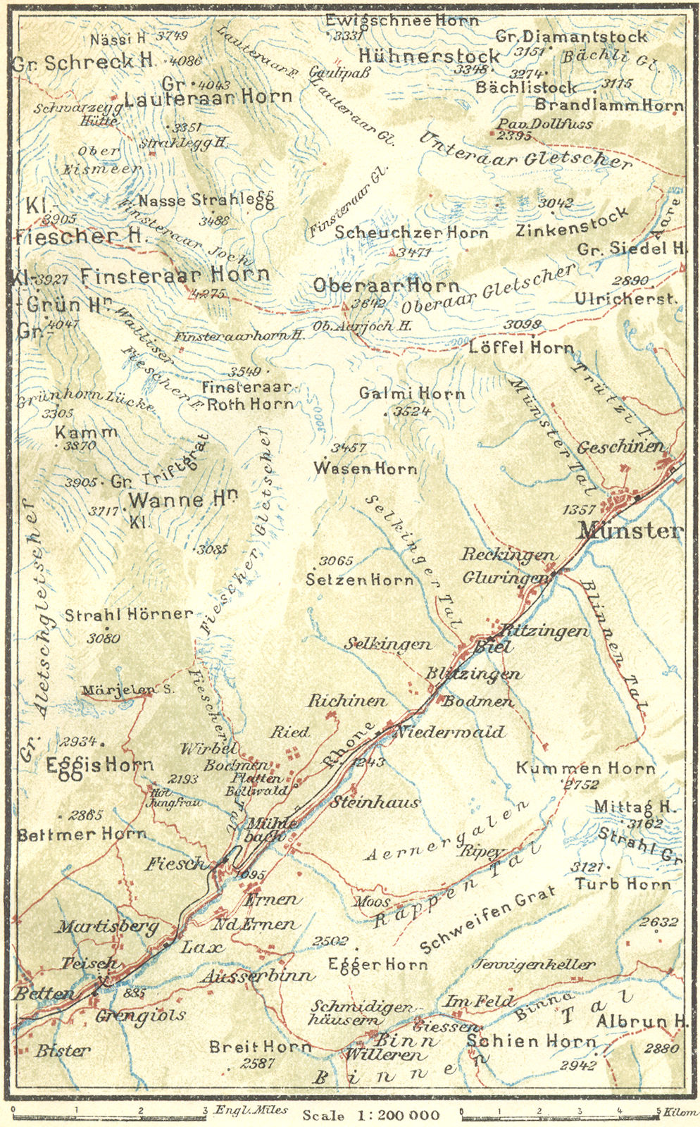 SWITZERLAND. Eggishorn-Munster 1923 old antique vintage map plan chart