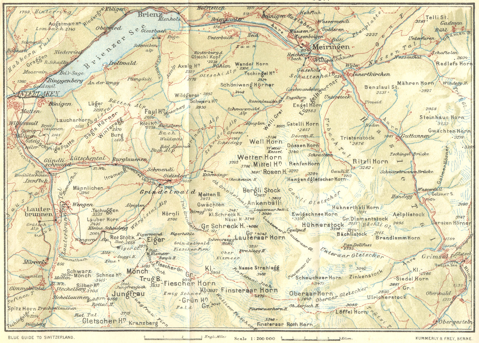 SWITZERLAND. Interlaken-Grindelwald-Gletsch 1923 old antique map plan chart