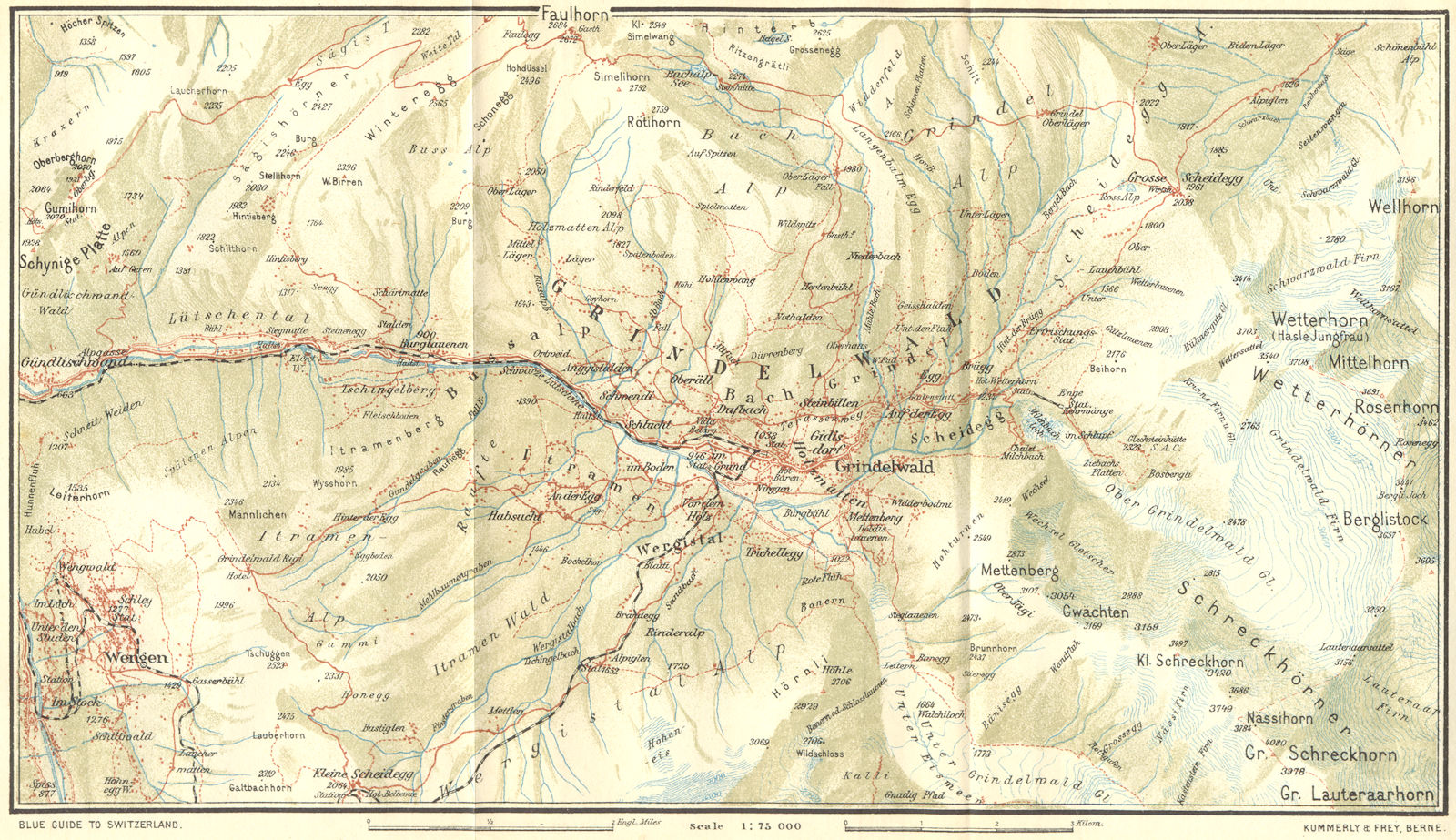 SWITZERLAND. Environs of Grindelwald 1923 old antique vintage map plan chart