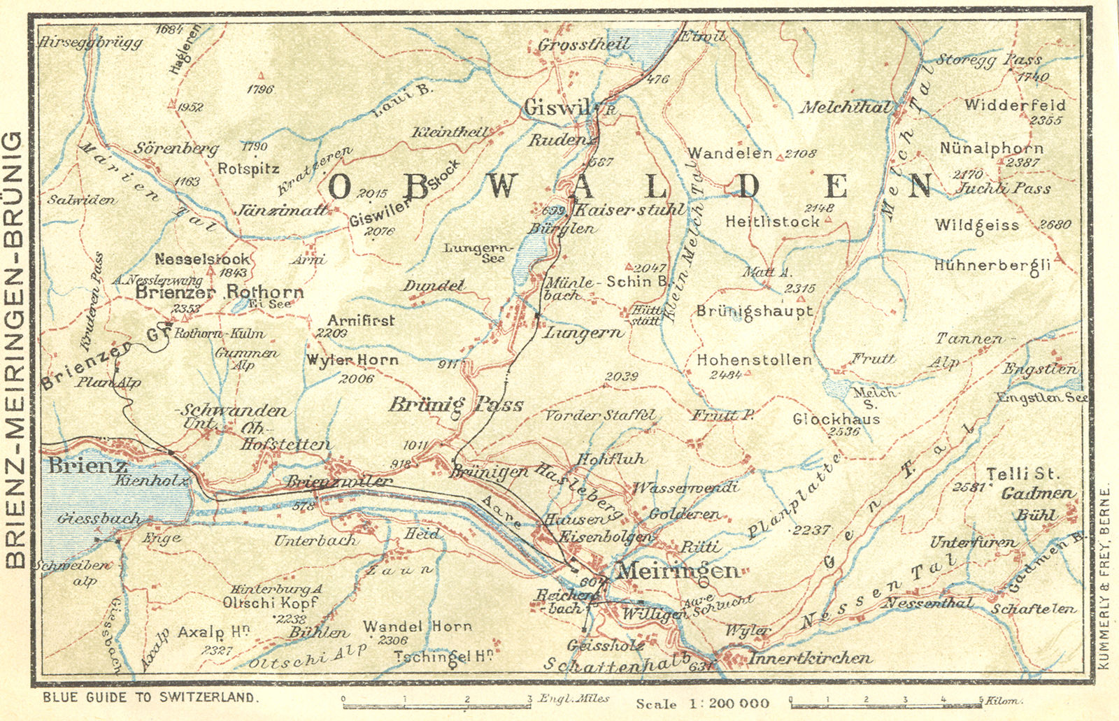 SWITZERLAND. Brienz-Meiringen-Brunig 1923 old antique vintage map plan chart