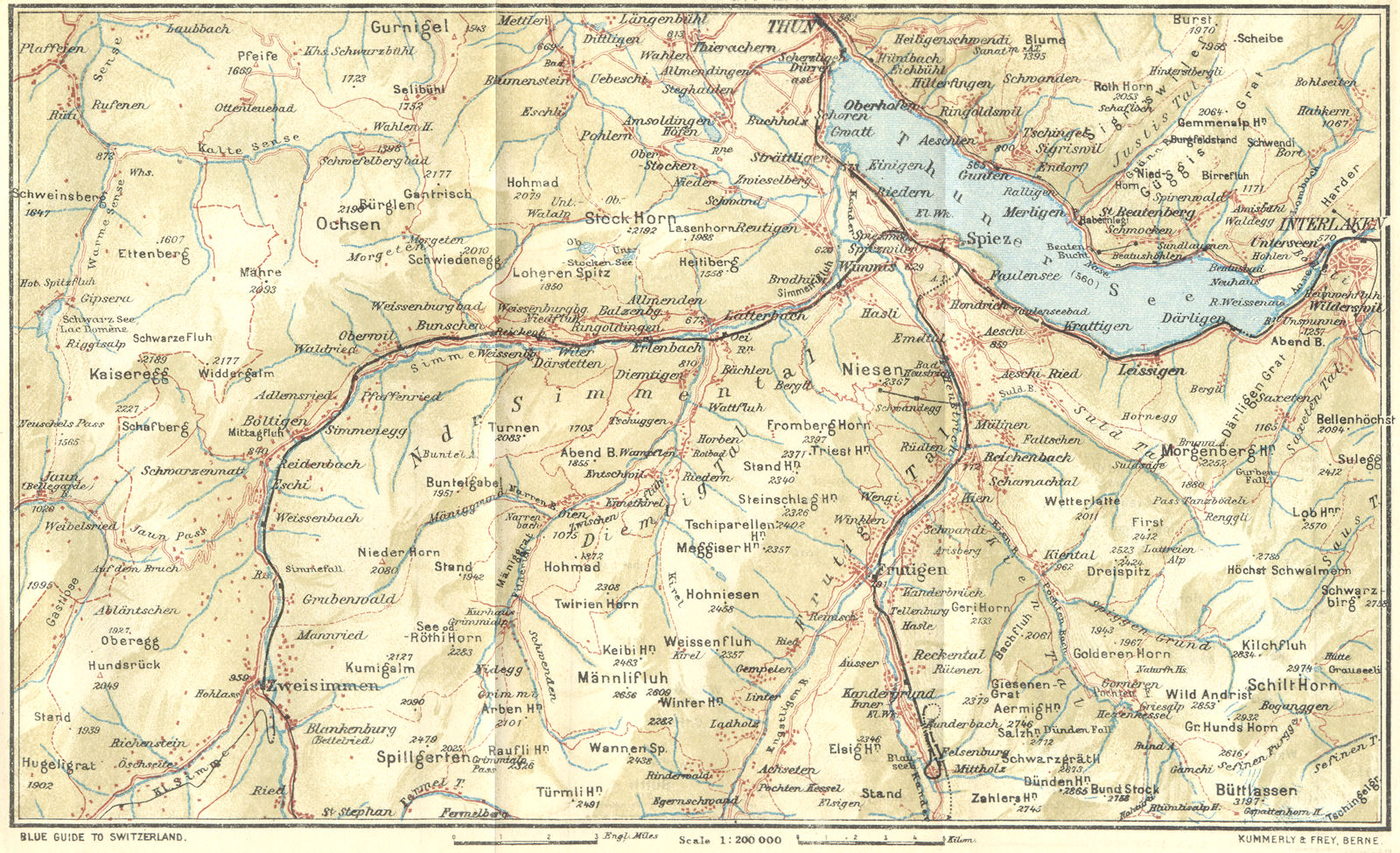 SWITZERLAND. Zweisimmen-Frutigen-lake Thun 1923 old antique map plan chart