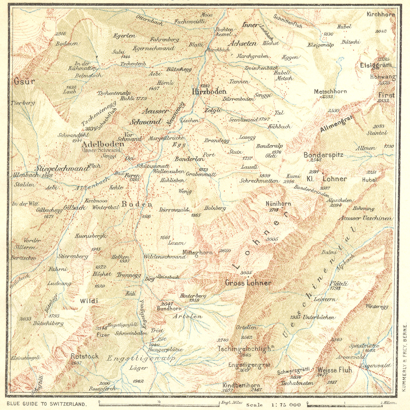 SWITZERLAND. Environs of Adelboden 1923 old antique vintage map plan chart