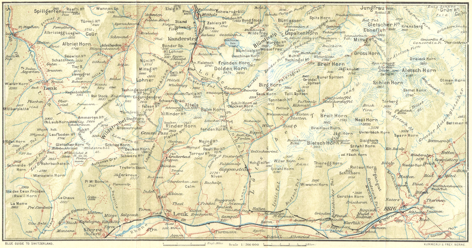 SWITZERLAND. Lenk-Adelboden-Sierre-Brig 1923 old antique map plan chart