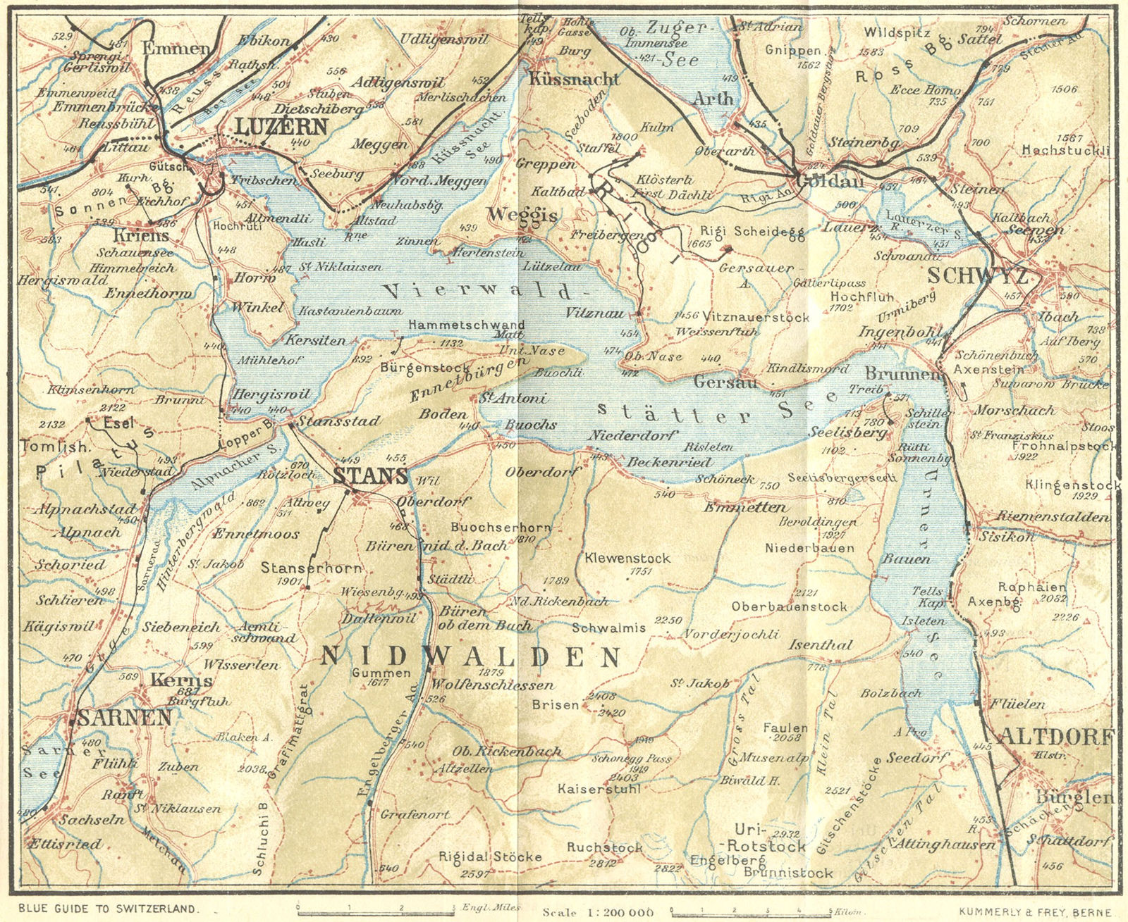 SWITZERLAND. Lake of Lucerne 1923 old antique vintage map plan chart