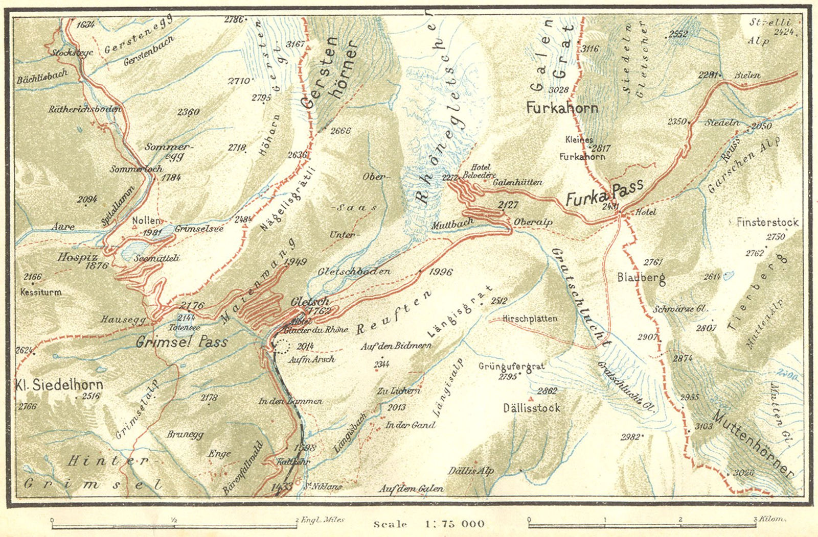 SWITZERLAND. Grimsel and Furka Passes 1923 old antique vintage map plan chart