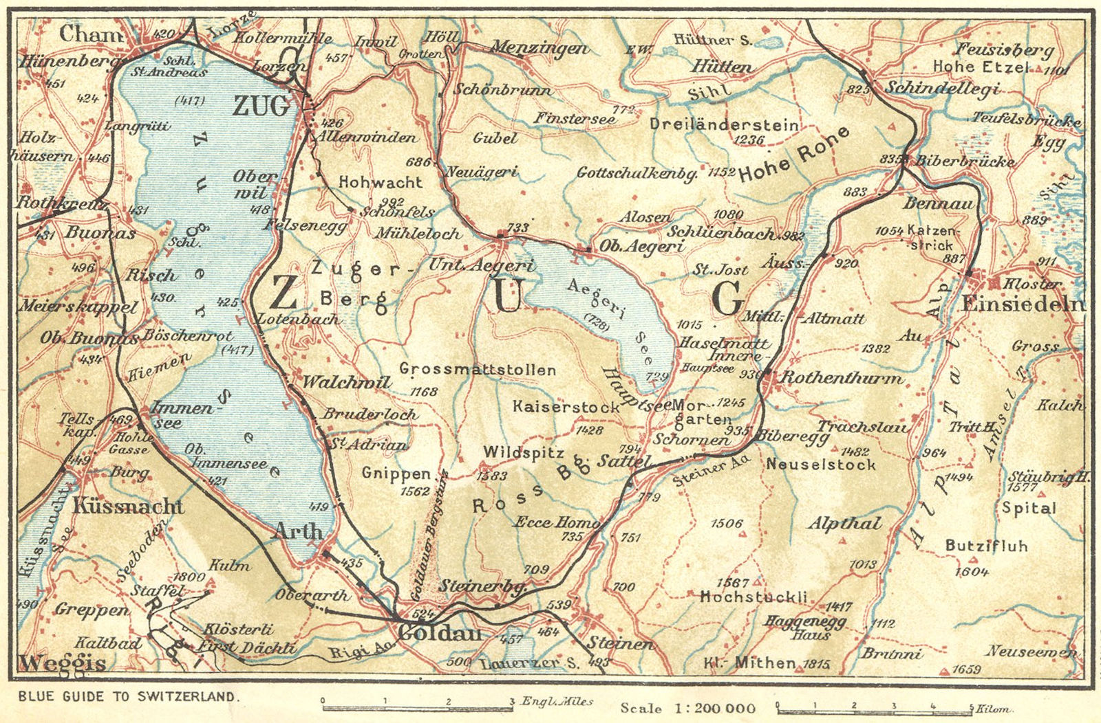 SWITZERLAND. Lake Zug & Einsiedeln 1923 old antique vintage map plan chart
