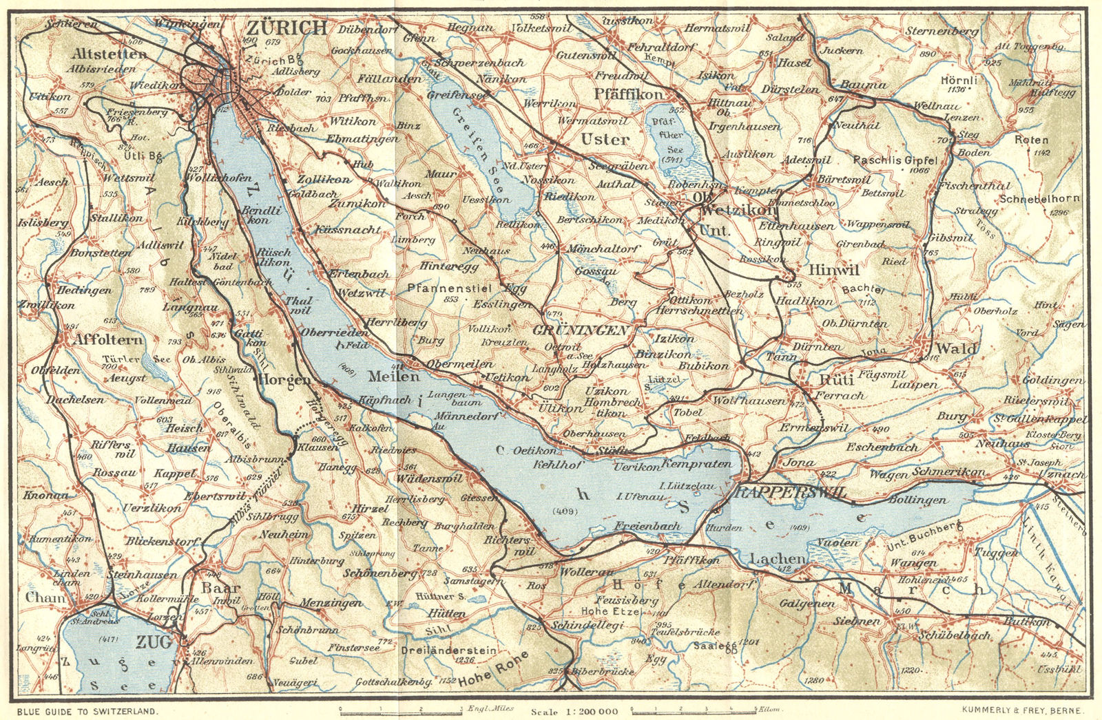 SWITZERLAND. Lake of Zurich 1923 old antique vintage map plan chart