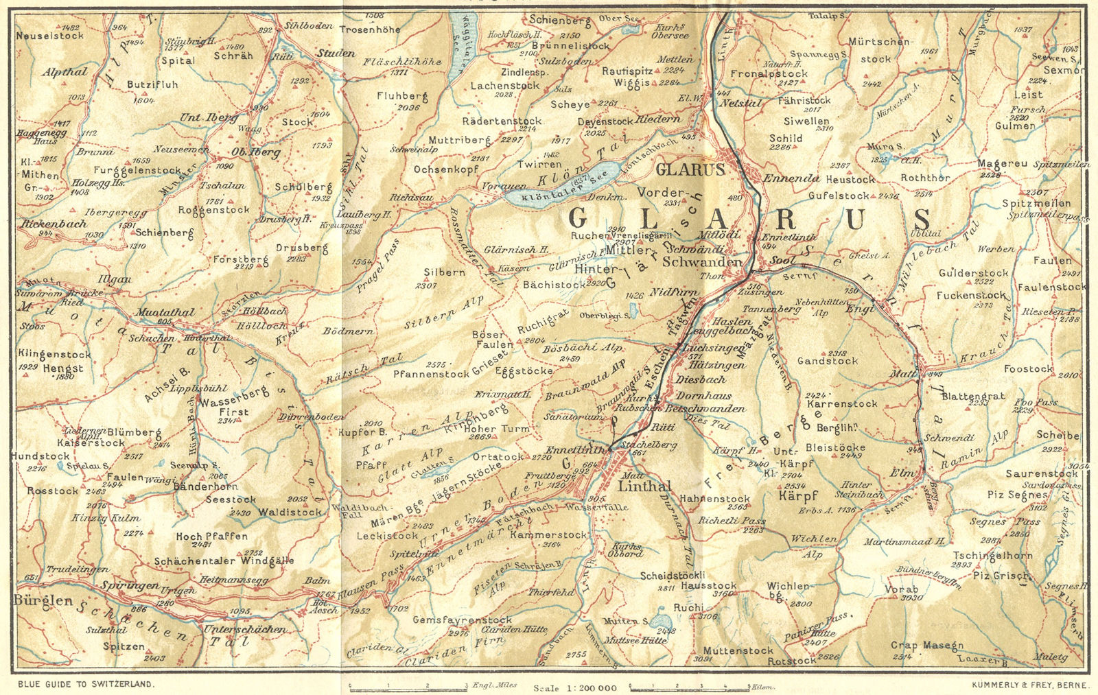 SWITZERLAND. Muotatal-Glarus 1923 old antique vintage map plan chart