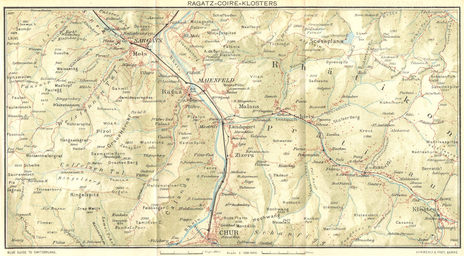 SWITZERLAND. Ragatz-Coire-Klosters 1923 old antique vintage map plan chart
