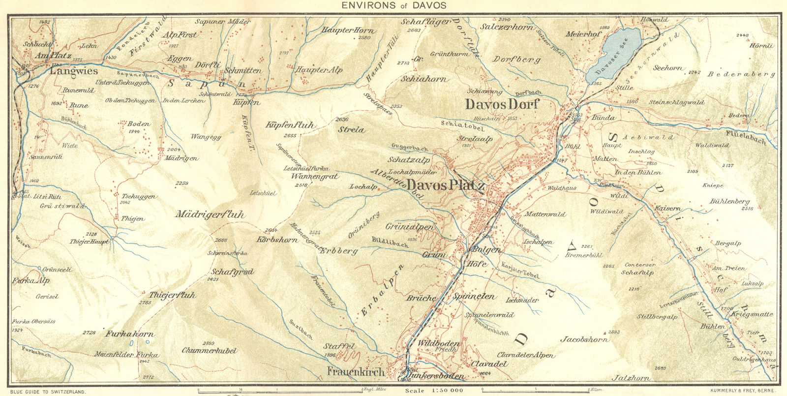 SWITZERLAND. Environs of Davos 1923 old antique vintage map plan chart