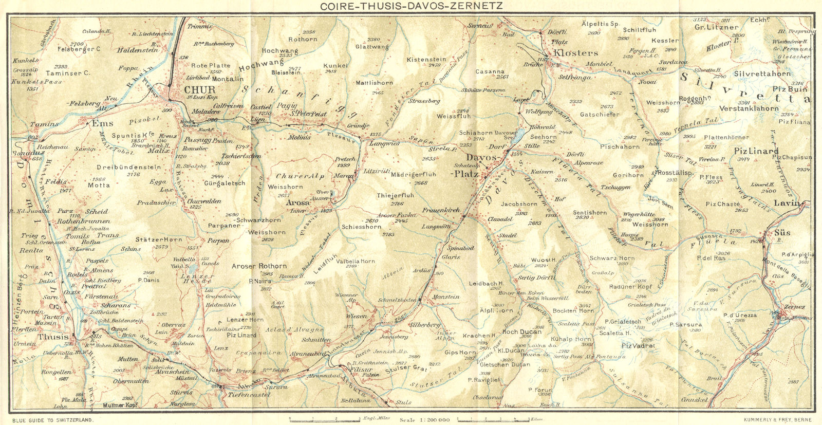 SWITZERLAND. Coire-Thusis-Davos-Zernetz 1923 old antique map plan chart
