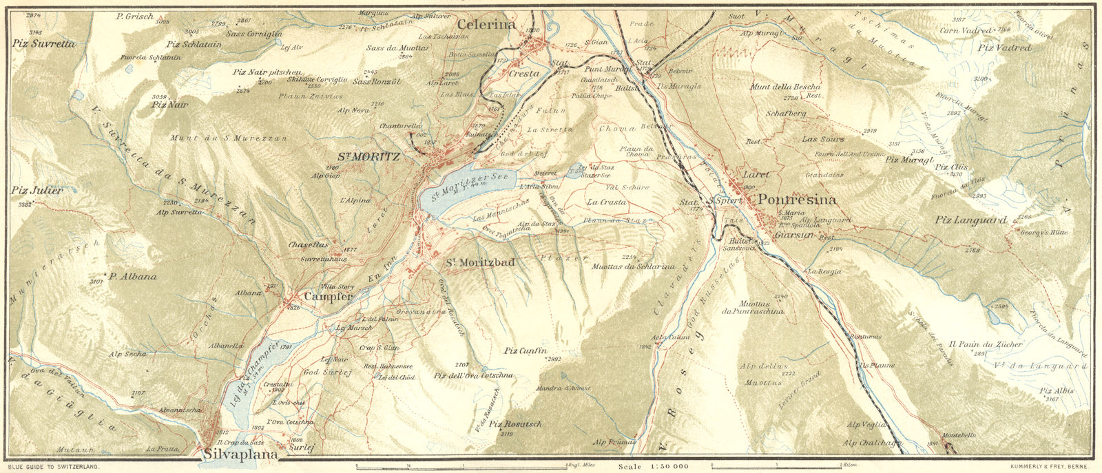 SWITZERLAND. Area of St Moritz & Pontresina 1923 old antique map plan chart