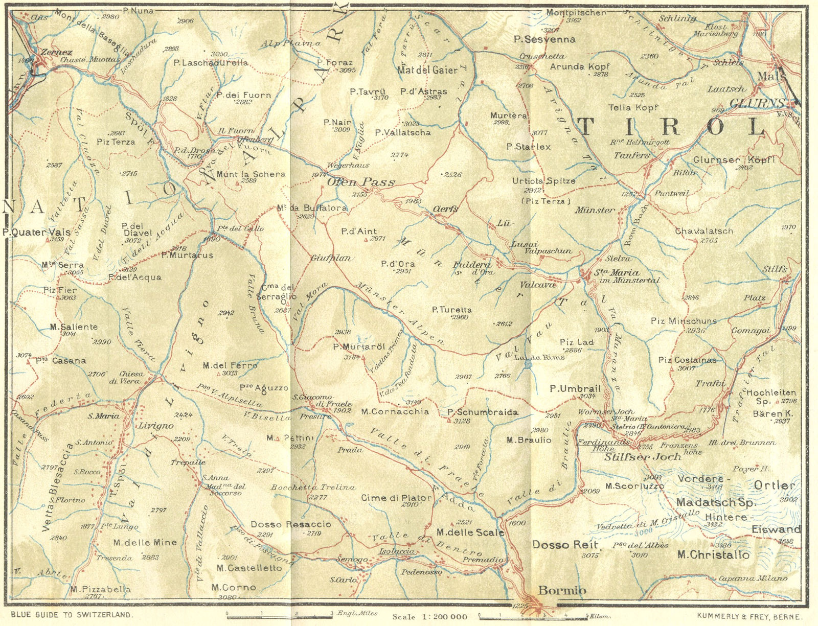 TIROL. Zernetz-Munster-Stelvio Pass Bormio 1923 old antique map plan chart