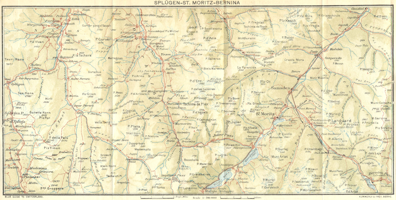 SWITZERLAND. Splugen-St Moritz-Bernina 1923 old antique vintage map plan chart