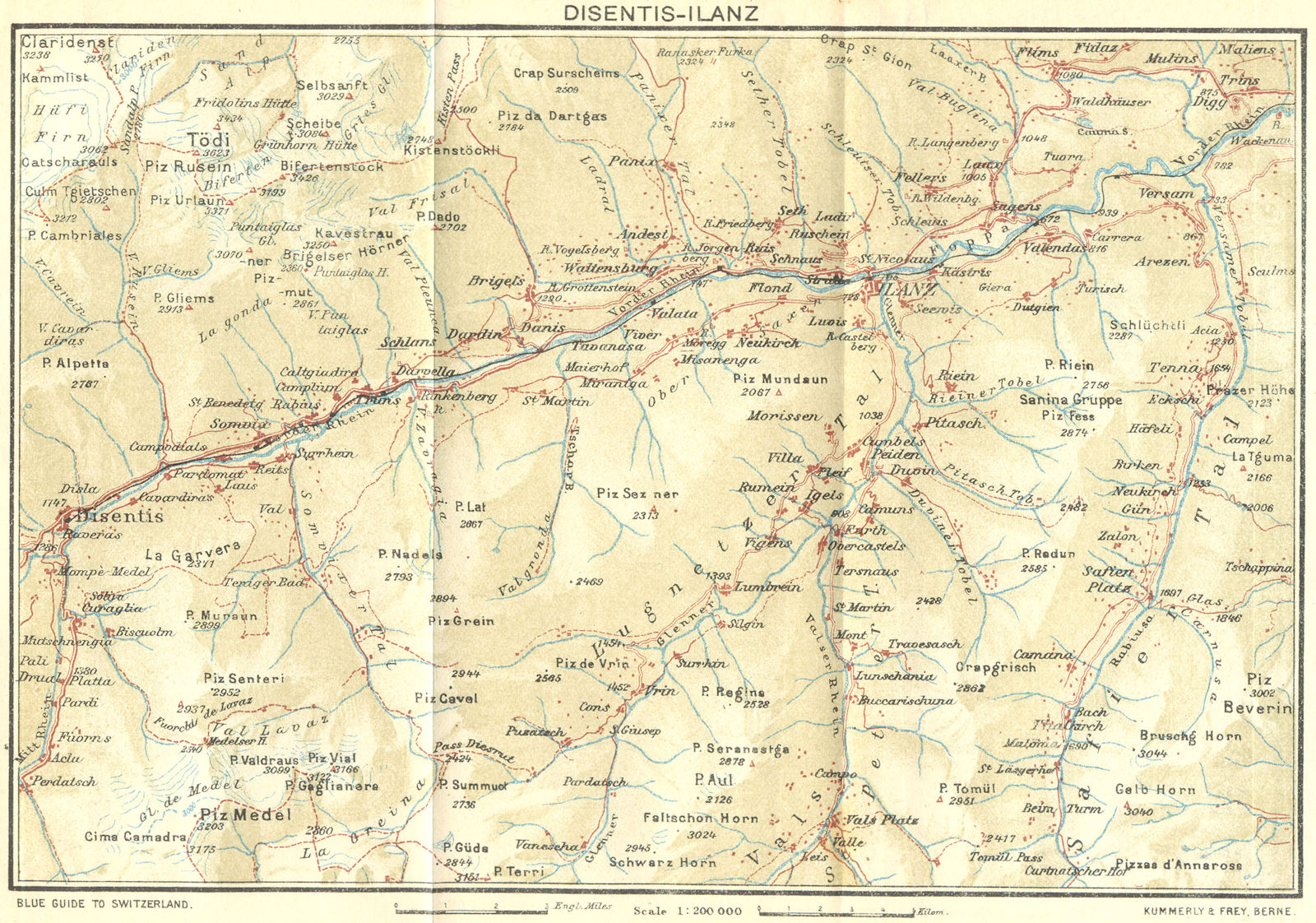 SWITZERLAND. Disentis-Ilanz 1923 old antique vintage map plan chart