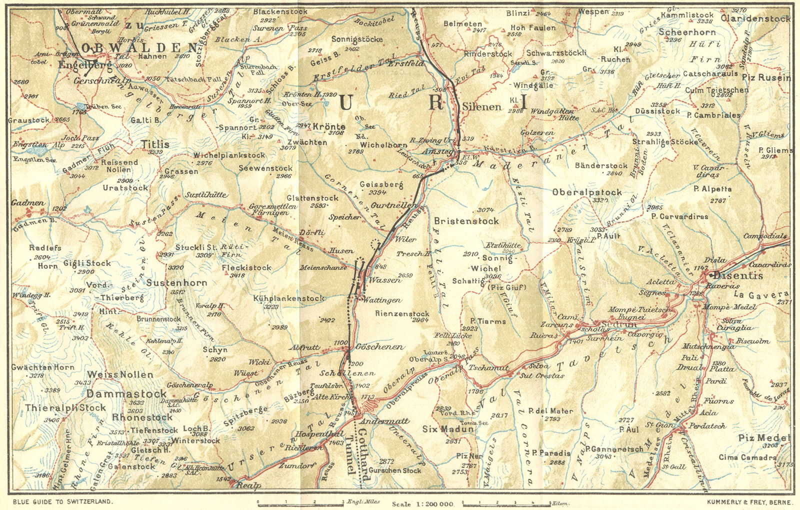 SWITZERLAND. Engelberg-Andermatt-Disentis 1923 old antique map plan chart