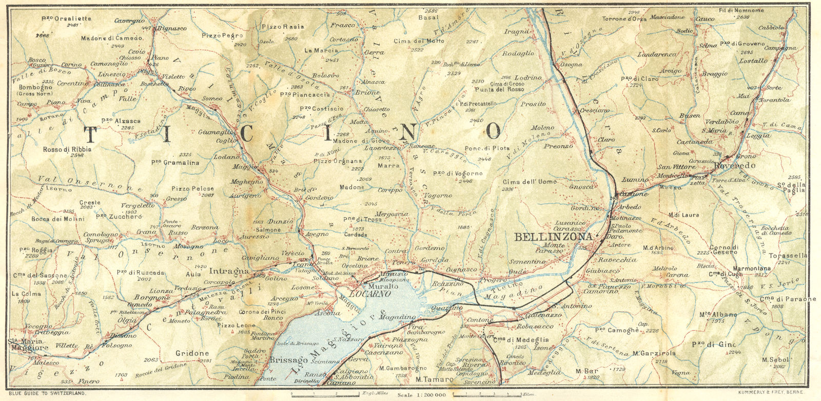 TICINO. Val Maggia-Locarno-Bellinzona 1923 old antique vintage map plan chart