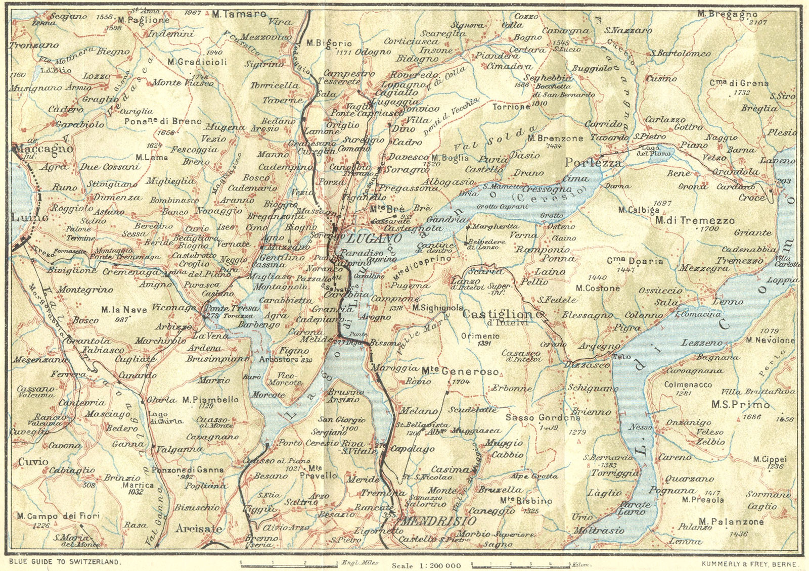 SWITZERLAND. Lake of Lugano 1923 old antique vintage map plan chart