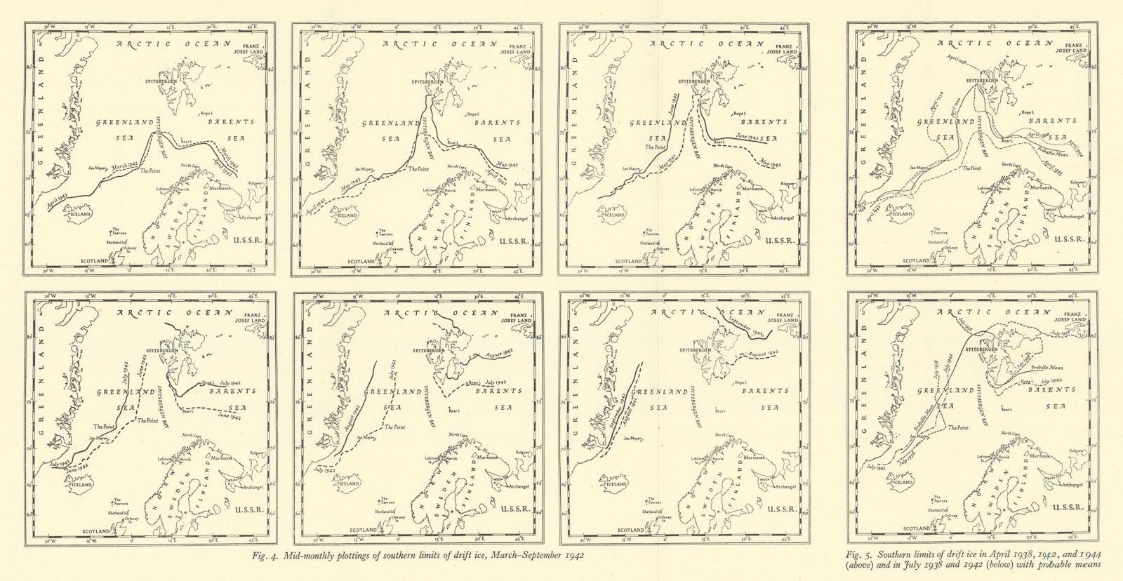 Southern limits of Arctic drift ice 1938-1942. RGS 1946 old vintage map chart