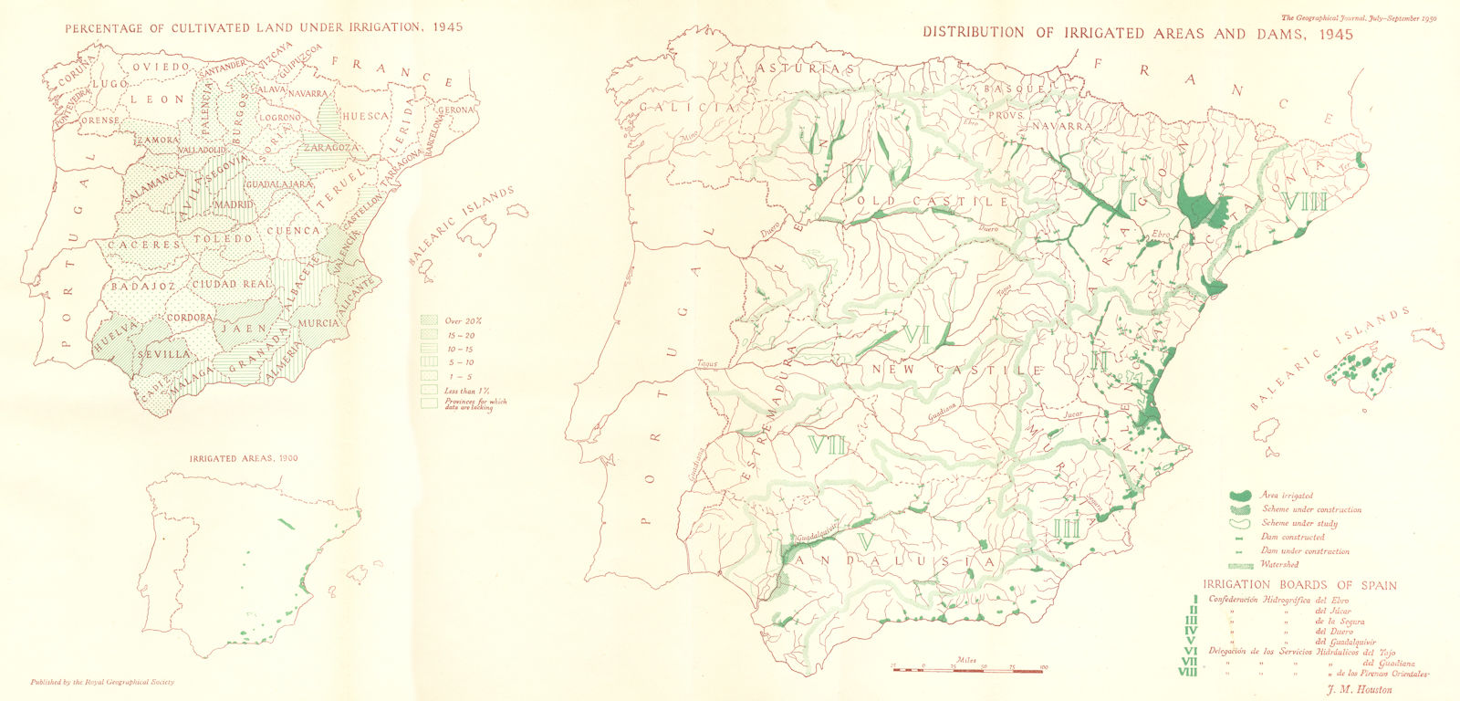 SPAIN. Irrigated cultivated farm land dams 1945 1950 old vintage map chart