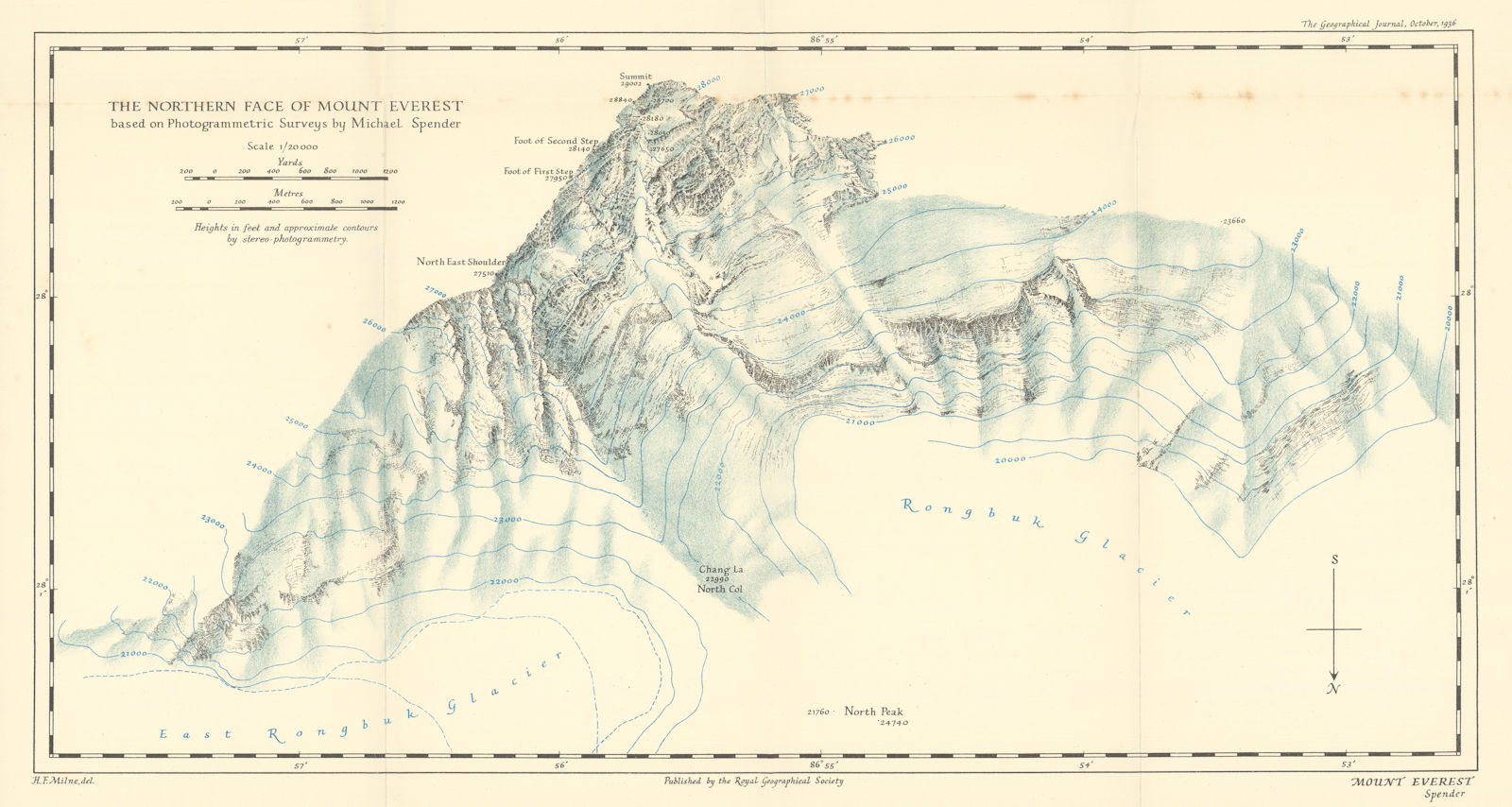 Mount Everest north face based on photogrammetric surveys. RGS/Spender 1936 map