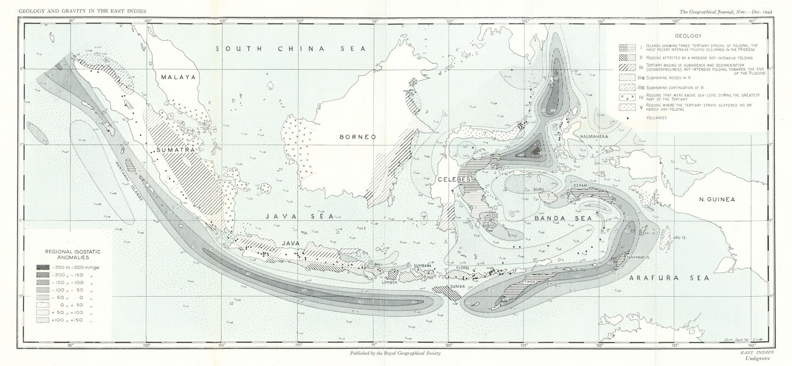 Geology & Gravitational anomalies in the East Indies. Indonesia. RGS 1945 map