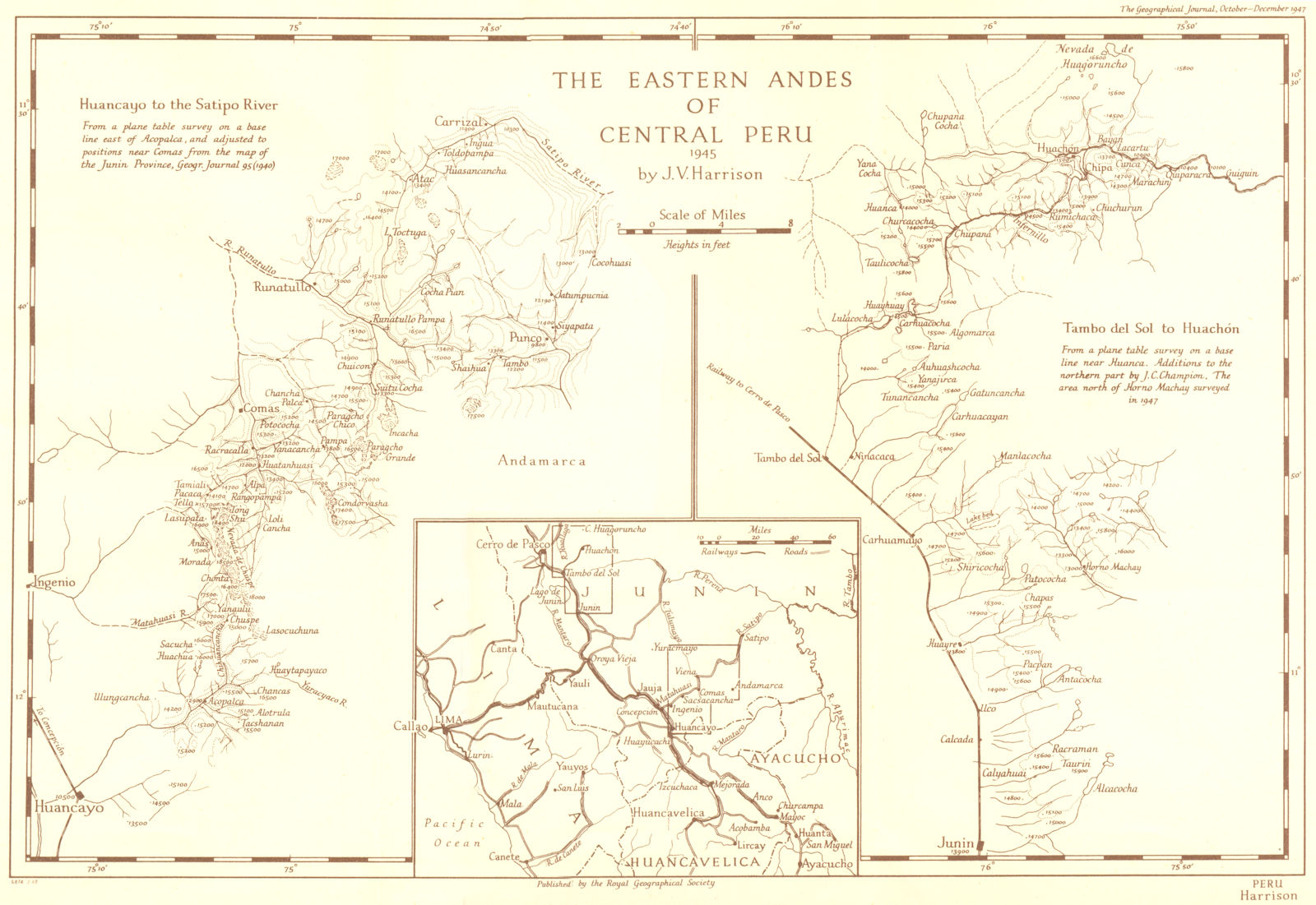 PERU. East Andes of Central 1945, V Harrison 1947 old vintage map plan chart