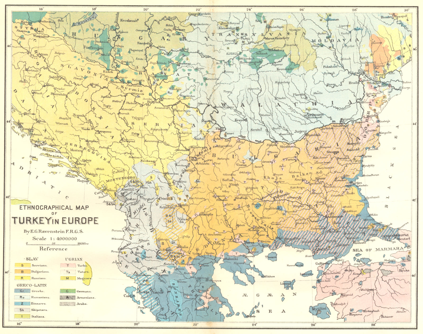 BALKANS. Ethnic Turkey Europe, E Ravenstein c1885 old antique map plan chart