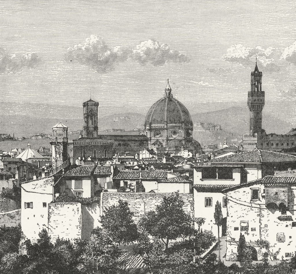 ITALY. Florence. Duomo & Palazzo Vecchio c1885 old antique print picture