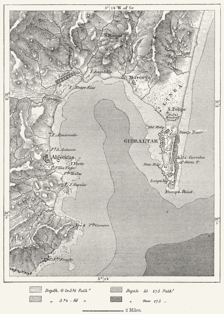 GIBRALTAR. & Algeciras, sketch map c1885 old antique vintage plan chart