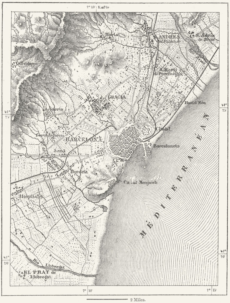SPAIN. Area of Barcelona, sketch map c1885 old antique vintage plan chart