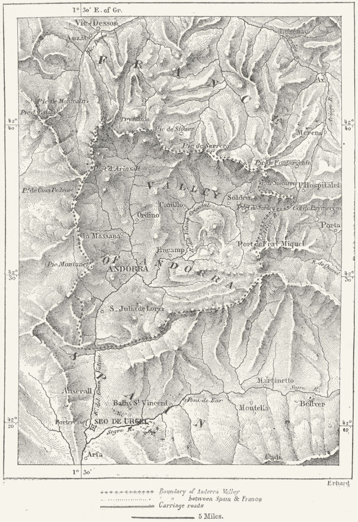 SPAIN. Valley of Andorra, sketch map c1885 old antique vintage plan chart