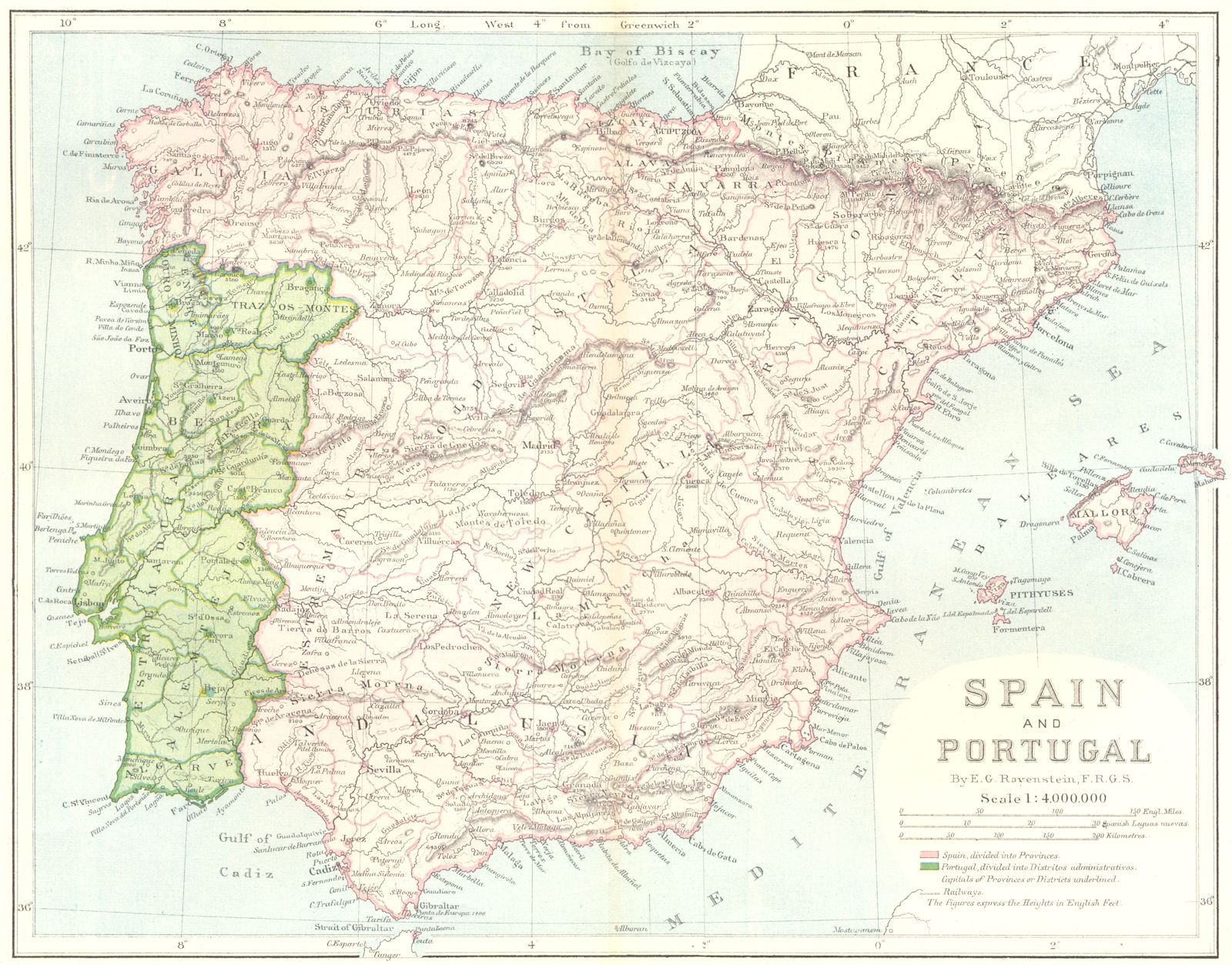 Associate Product SPAIN. & Portugal, E Ravenstein c1885 old antique vintage map plan chart