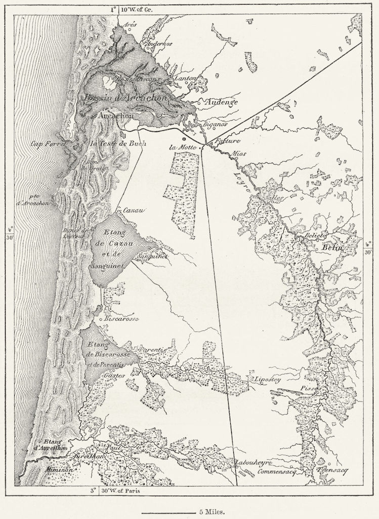 FRANCE. Dunes & Landes, Pays born, sketch map c1885 old antique plan chart
