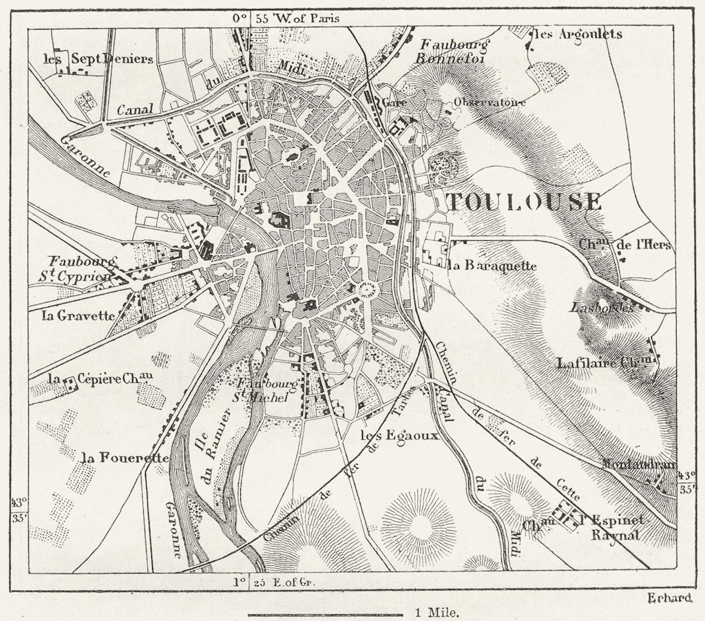 FRANCE. Toulouse, sketch map c1885 old antique vintage plan chart