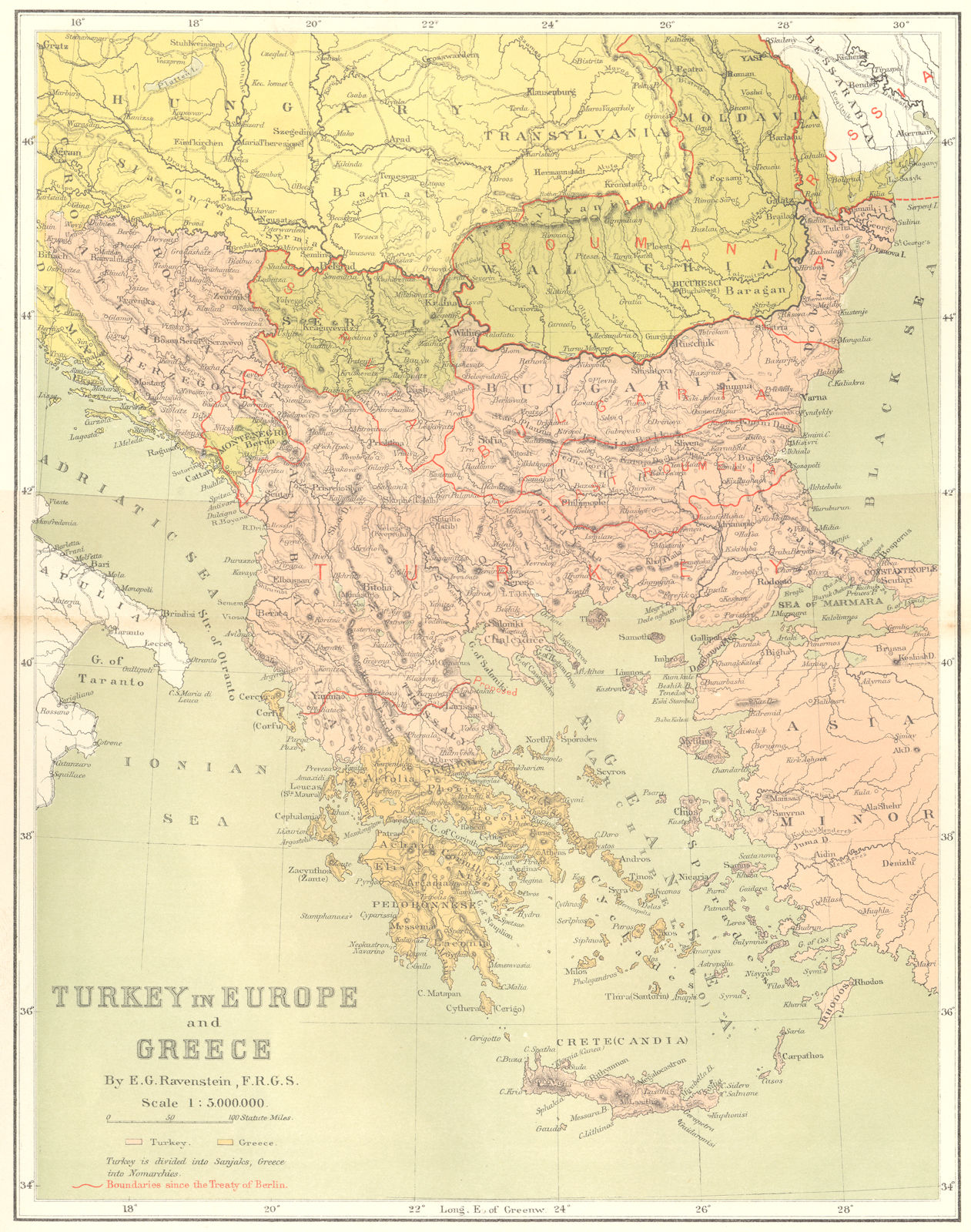 GREECE. Turkey in Europe, E Ravenstein c1885 old antique map plan chart