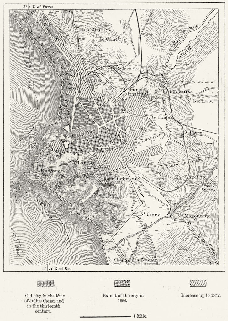 FRANCE. Marseilles, sketch map c1885 old antique vintage plan chart