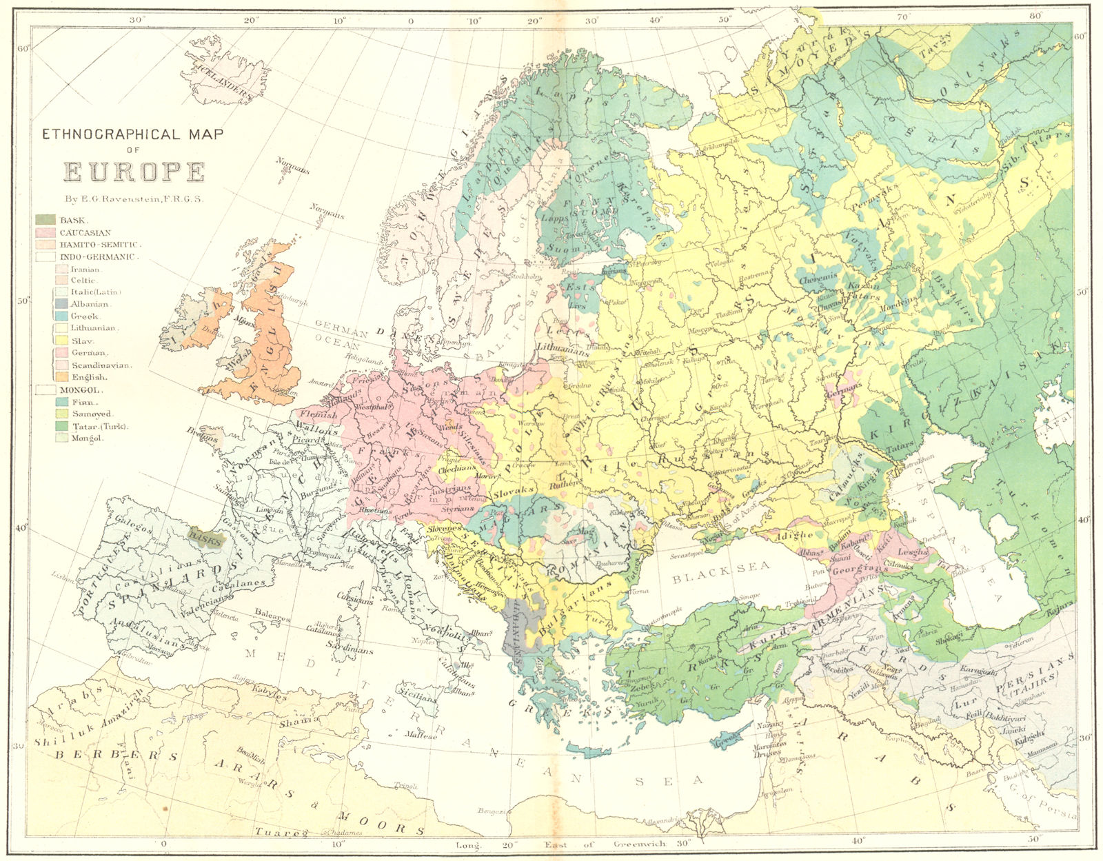 EUROPE. Ethnographical, E Ravenstein c1885 old antique vintage map plan chart