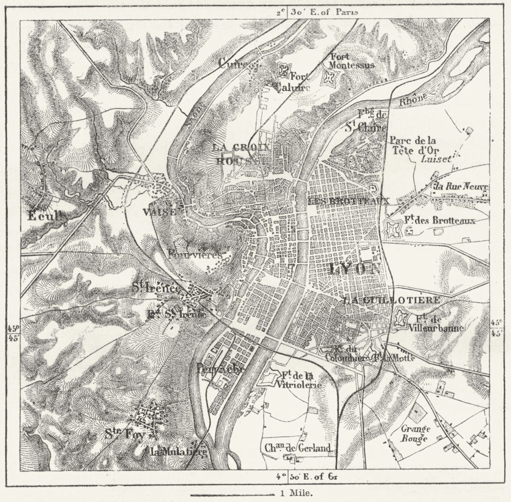 FRANCE. Lyon, sketch map c1885 old antique vintage plan chart