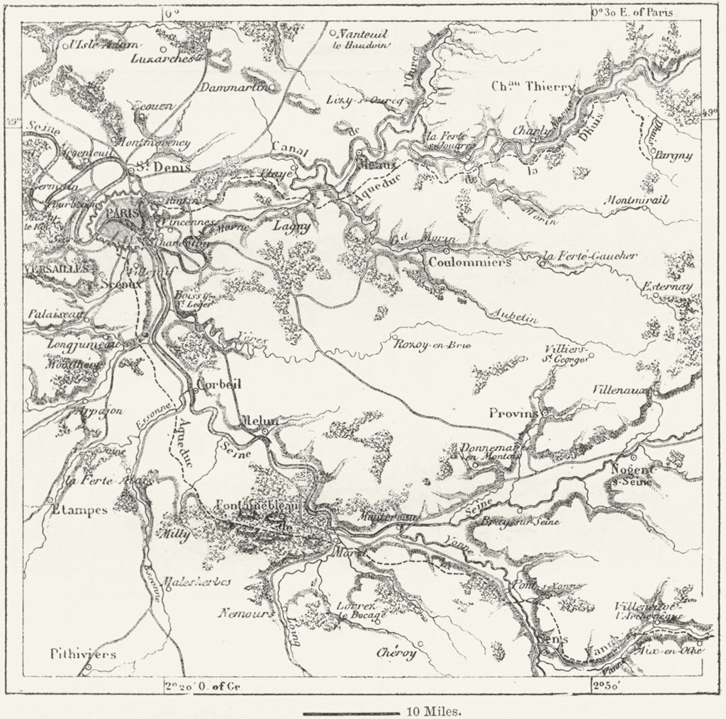 FRANCE. Paris Aqueducts, sketch map c1885 old antique vintage plan chart