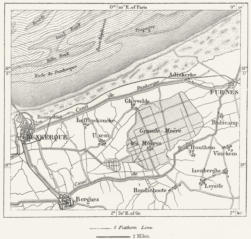 FRANCE. Moeres of Dunkirk, sketch map c1885 old antique vintage plan chart