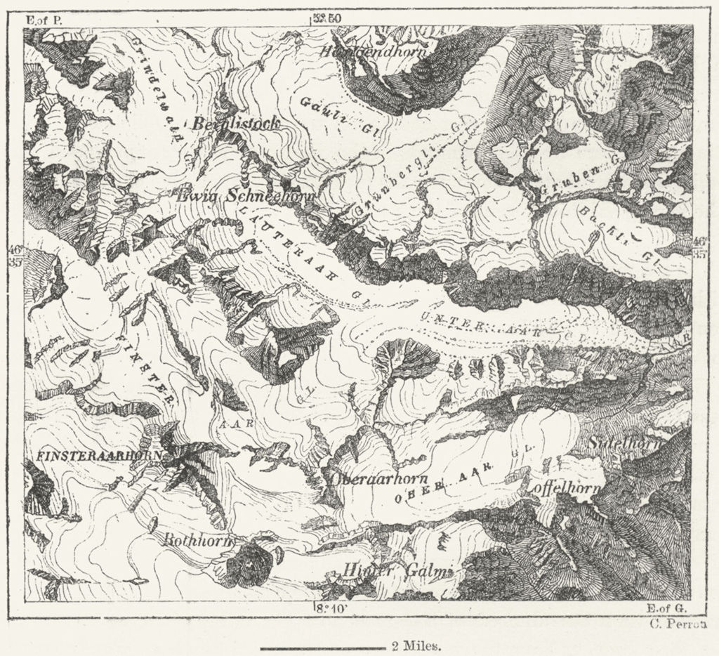 SWITZERLAND. Glaciers Bernese Oberland, sketch map c1885 old antique chart