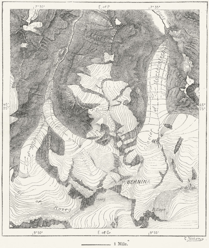 SWISS GLACIERS. Tschierva Morteratsch, sketch map c1885 old antique chart